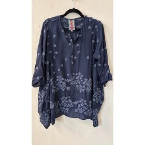 Johnny Was Navy Blue Floral Embroidered Cupra Rayon Tunic Top C15717-0 Womens M